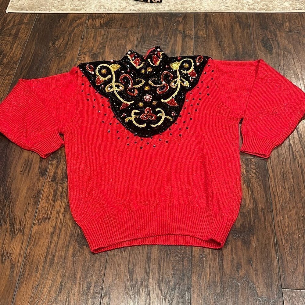 Eminent Vintage 80s‎ Sweater Medium Beaded red mettallic perfect for Christmas